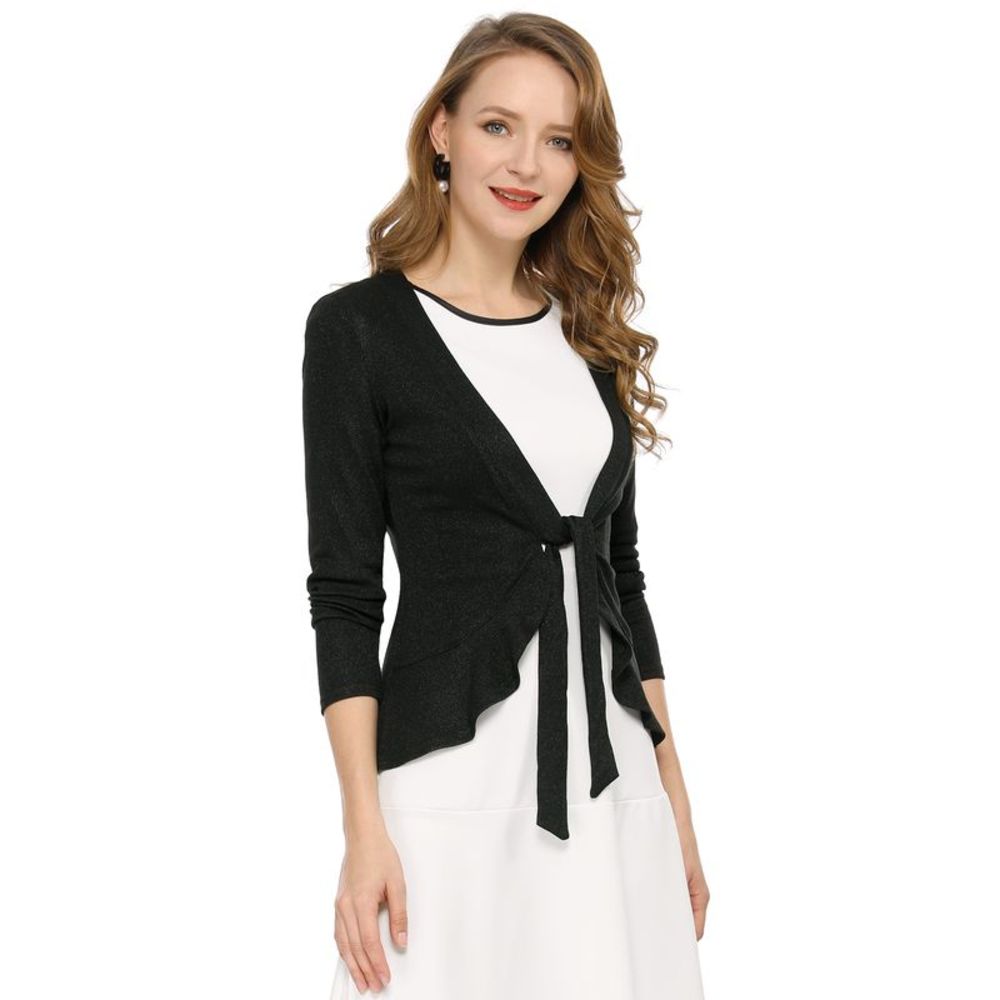 Allegra K Black Tie-Front Sweater Cardigan